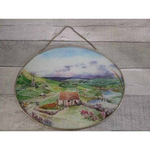 Large Out Of Ireland Oval Landscape Stained Glass Suncatcher With Chain - Picture 1 of 7